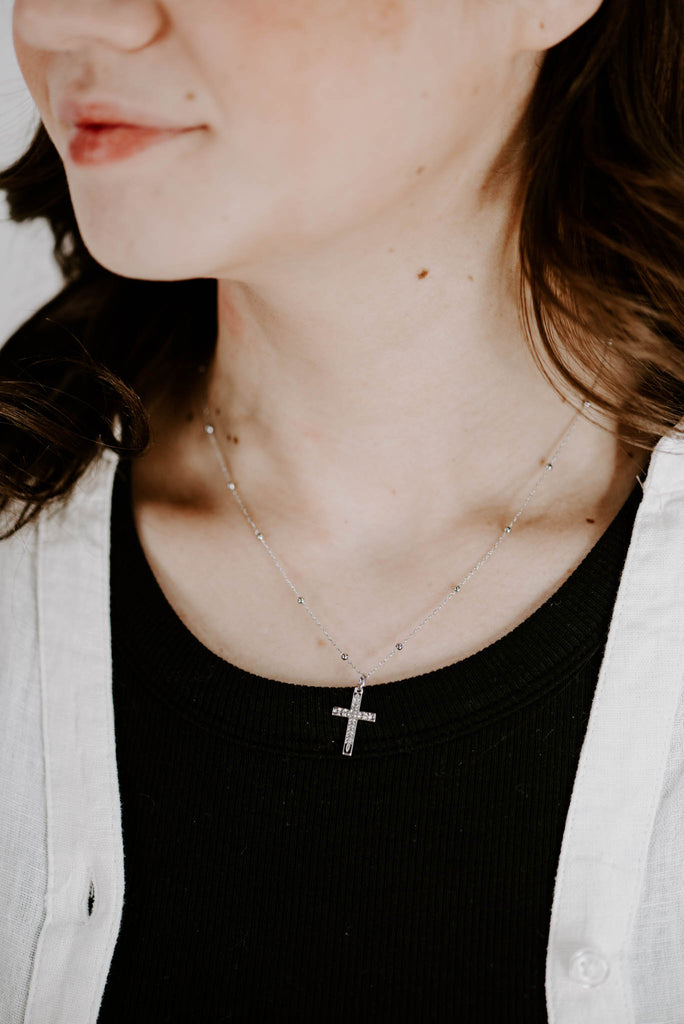 Cross & Leaf Necklace | 18K White Gold Plated