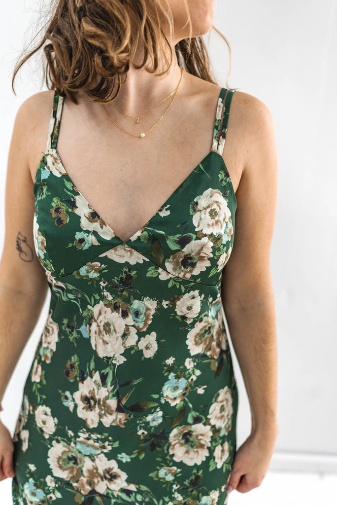 Pointing Fingers Satin Floral Midi Dress