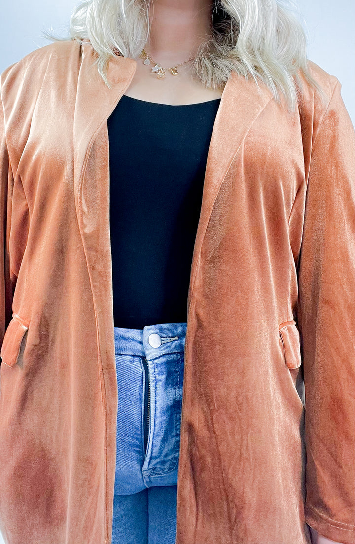 Velvet Collared Lapel Tailored Curvy Blazer