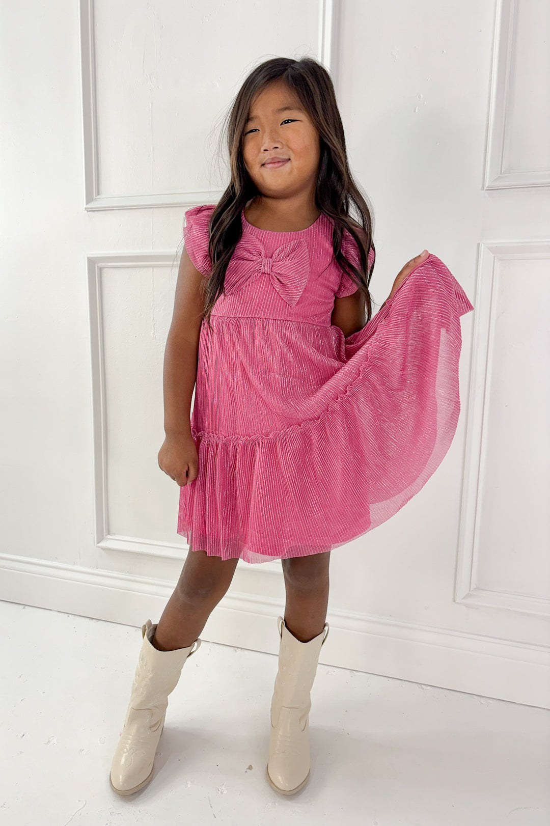 Girls Pretty In Pink Christmas Bow Dress