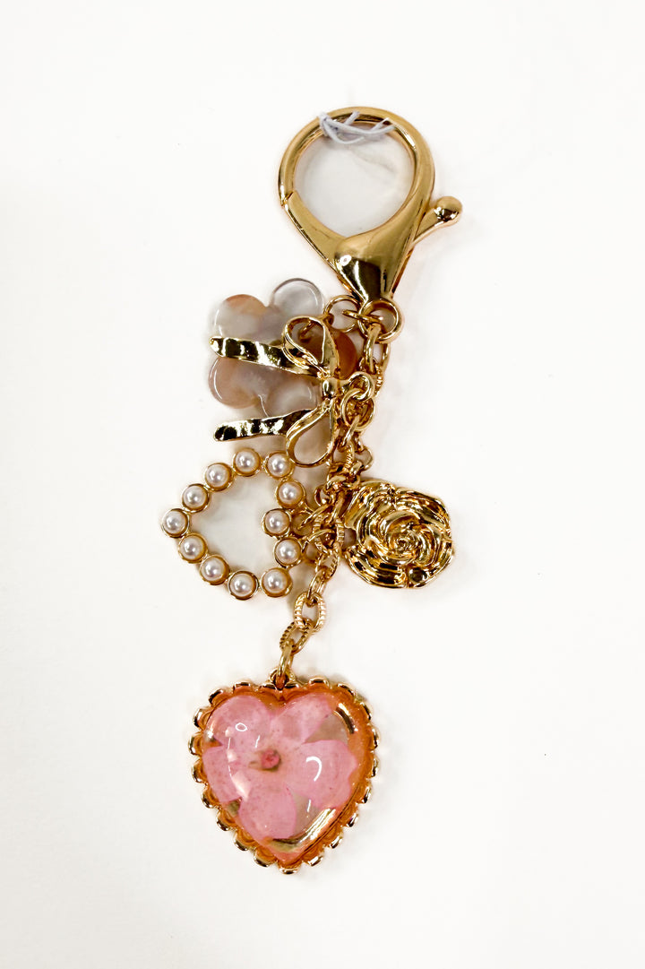 Pressed Flower, Bow & Pearl Heart Bag /charm