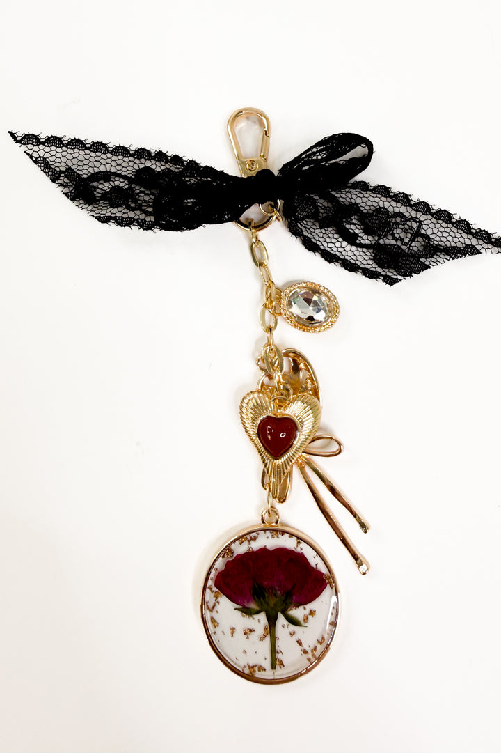 Pressed Flower Heart Bag Charm