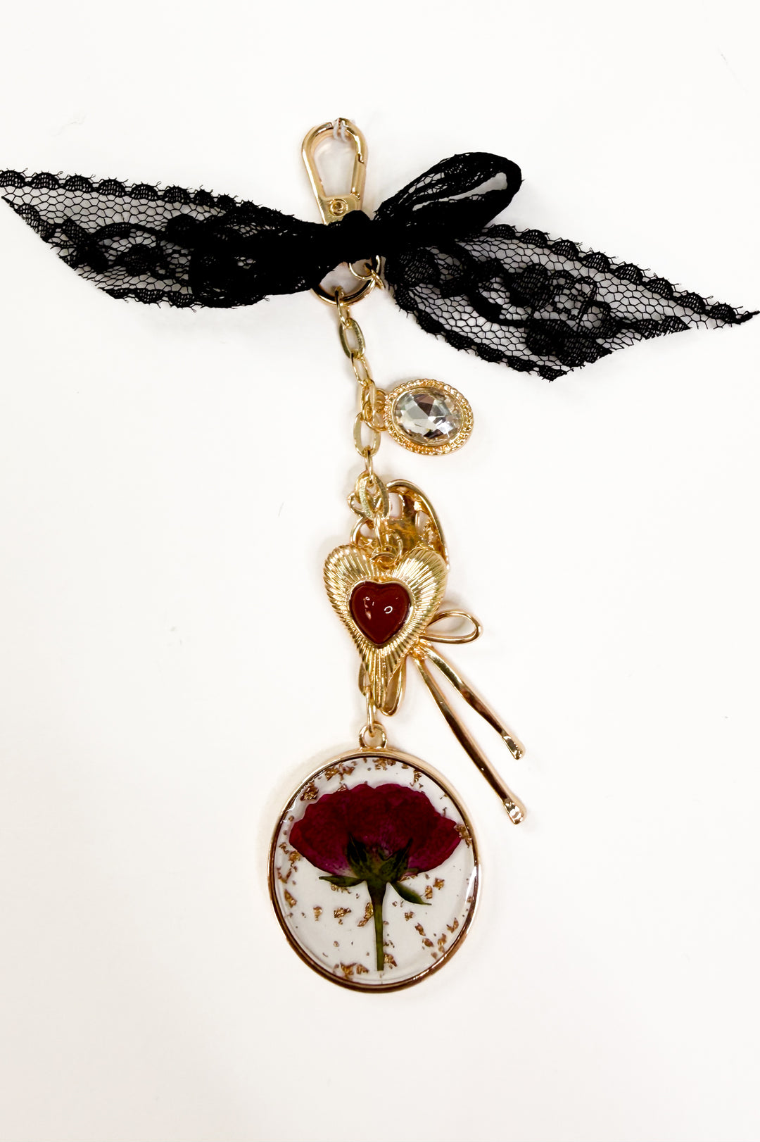Pressed Flower Heart Bag Charm