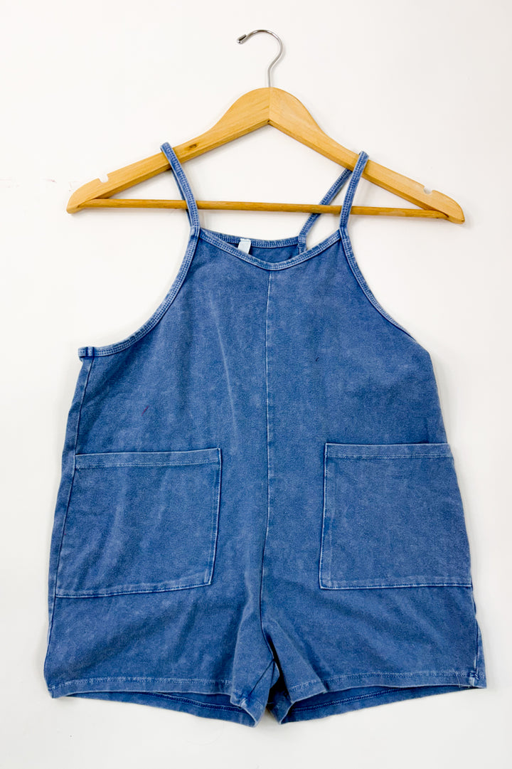 Girl's Two Pocket Mineral Wash Overall Romper