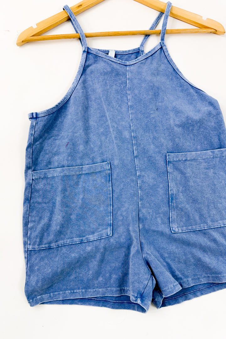 Girl's Two Pocket Mineral Wash Overall Romper