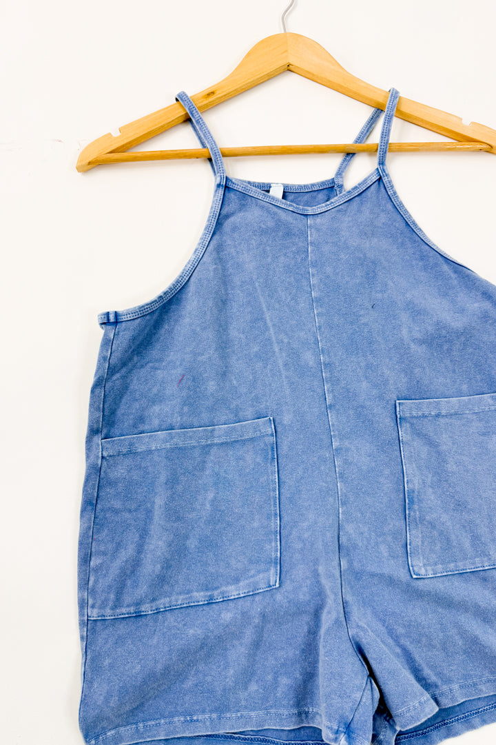 Girl's Two Pocket Mineral Wash Overall Romper