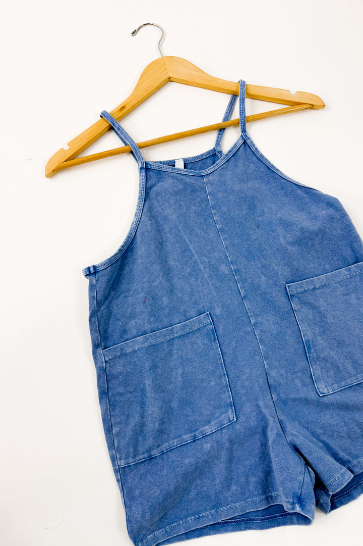 Girl's Two Pocket Mineral Wash Overall Romper