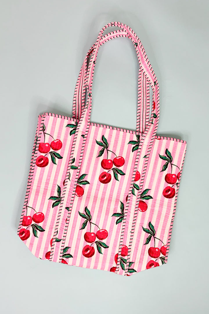 Eliza Pink Striped Cherry Tote Bag