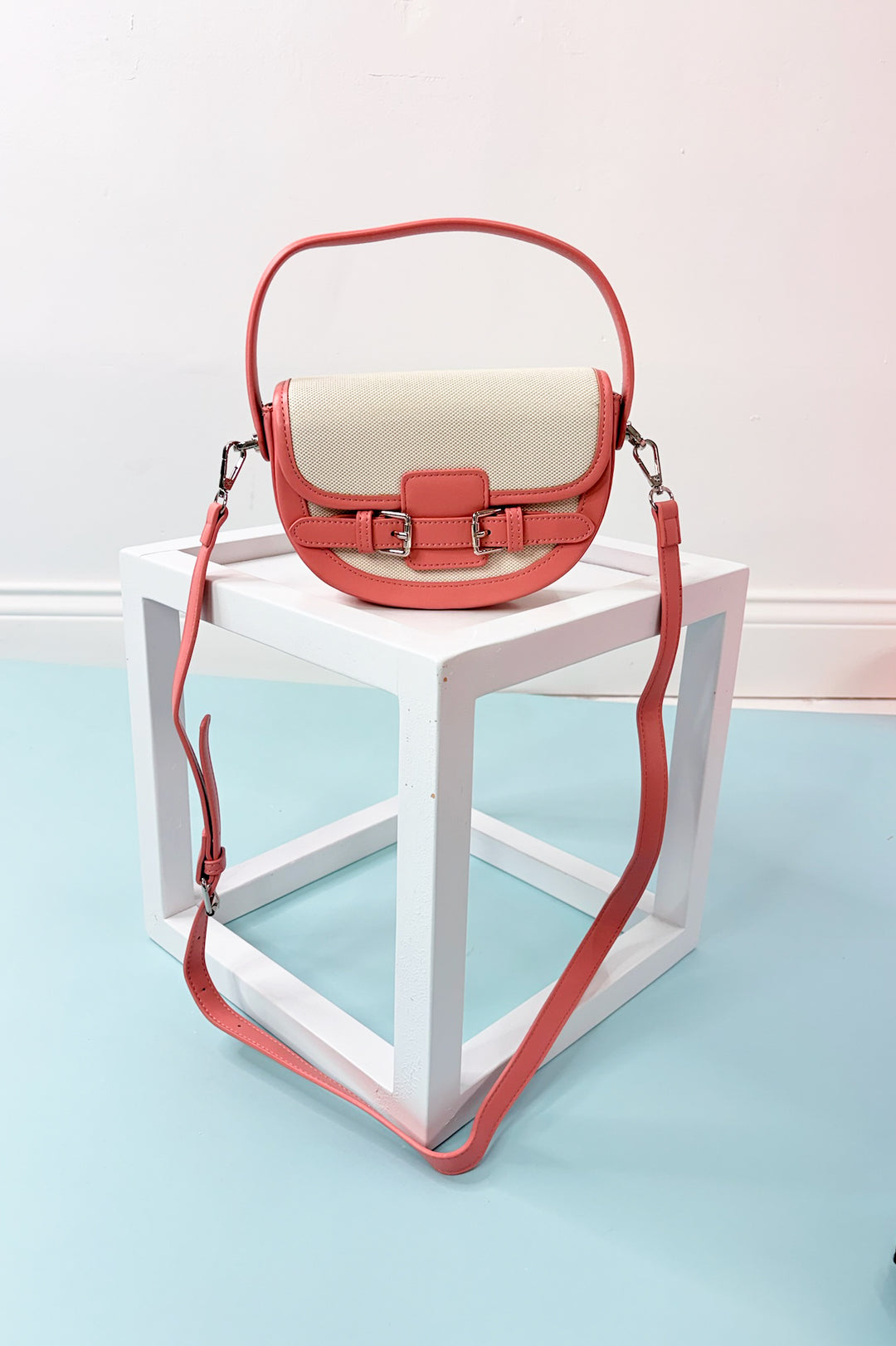 Buckle Décor Top Handle Canvas Crossbody Bag