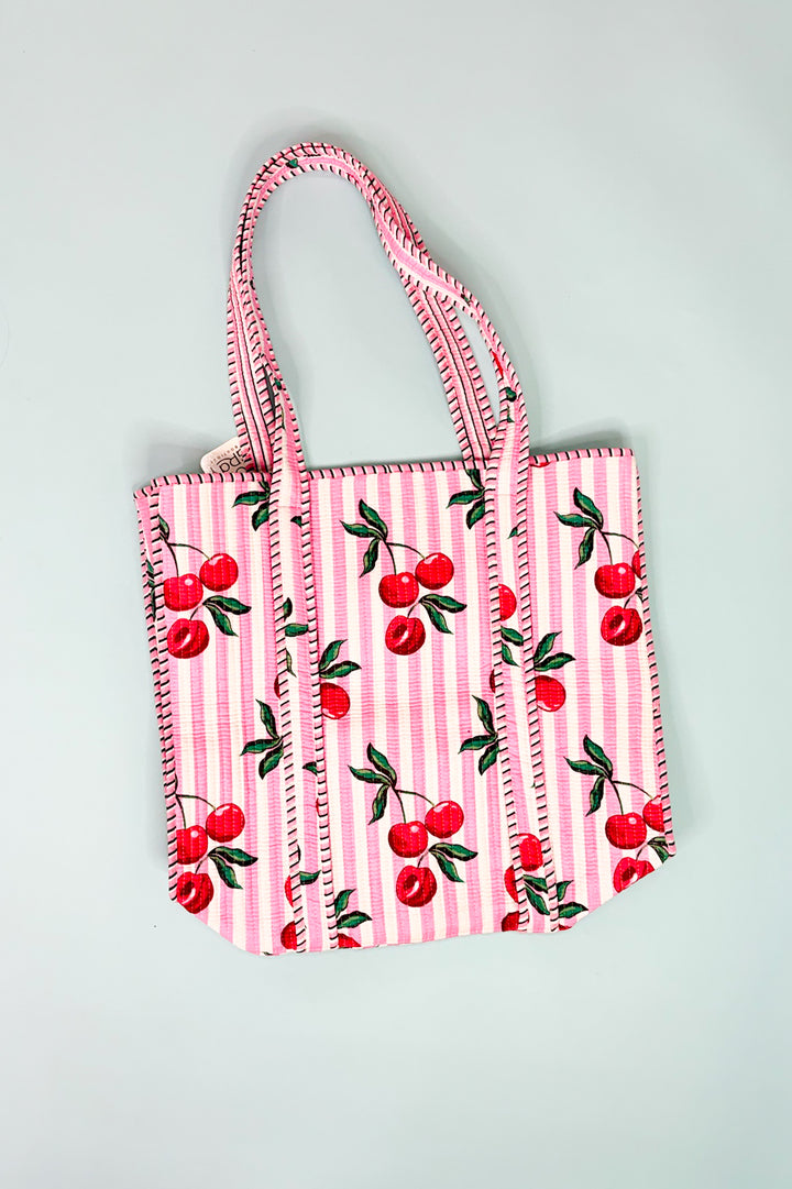 Eliza Pink Striped Cherry Tote Bag