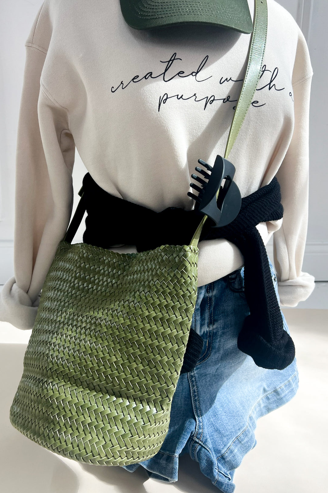 Hand Woven Faux Leather Crossbody Bucket Bag