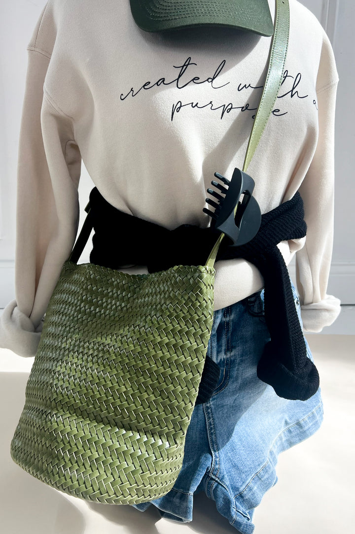 Hand Woven Faux Leather Crossbody Bucket Bag