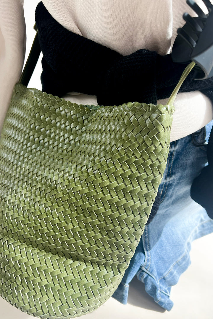 Hand Woven Faux Leather Crossbody Bucket Bag