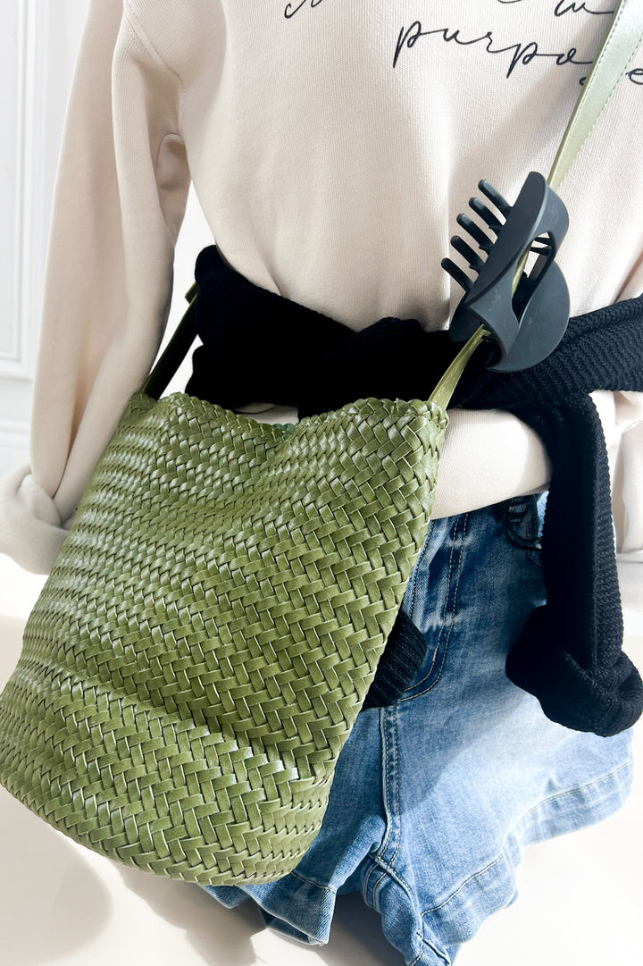 Hand Woven Faux Leather Crossbody Bucket Bag