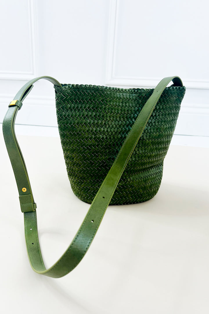 Hand Woven Faux Leather Crossbody Bucket Bag