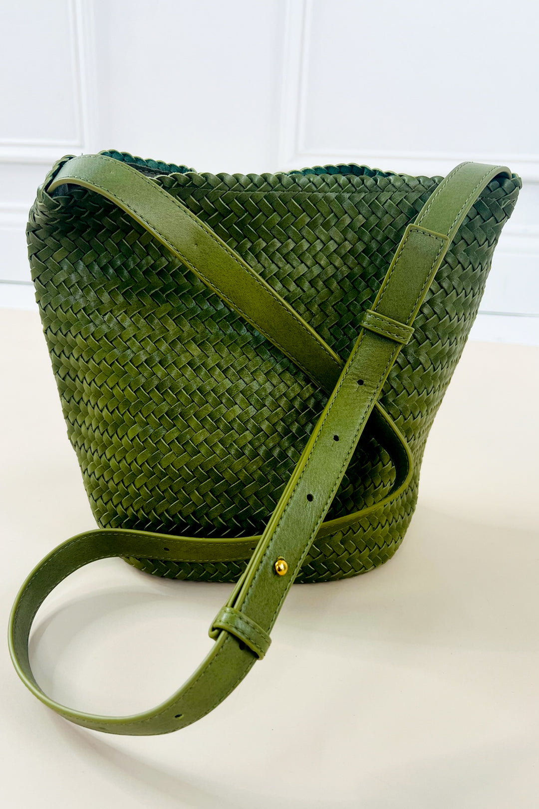 Hand Woven Faux Leather Crossbody Bucket Bag