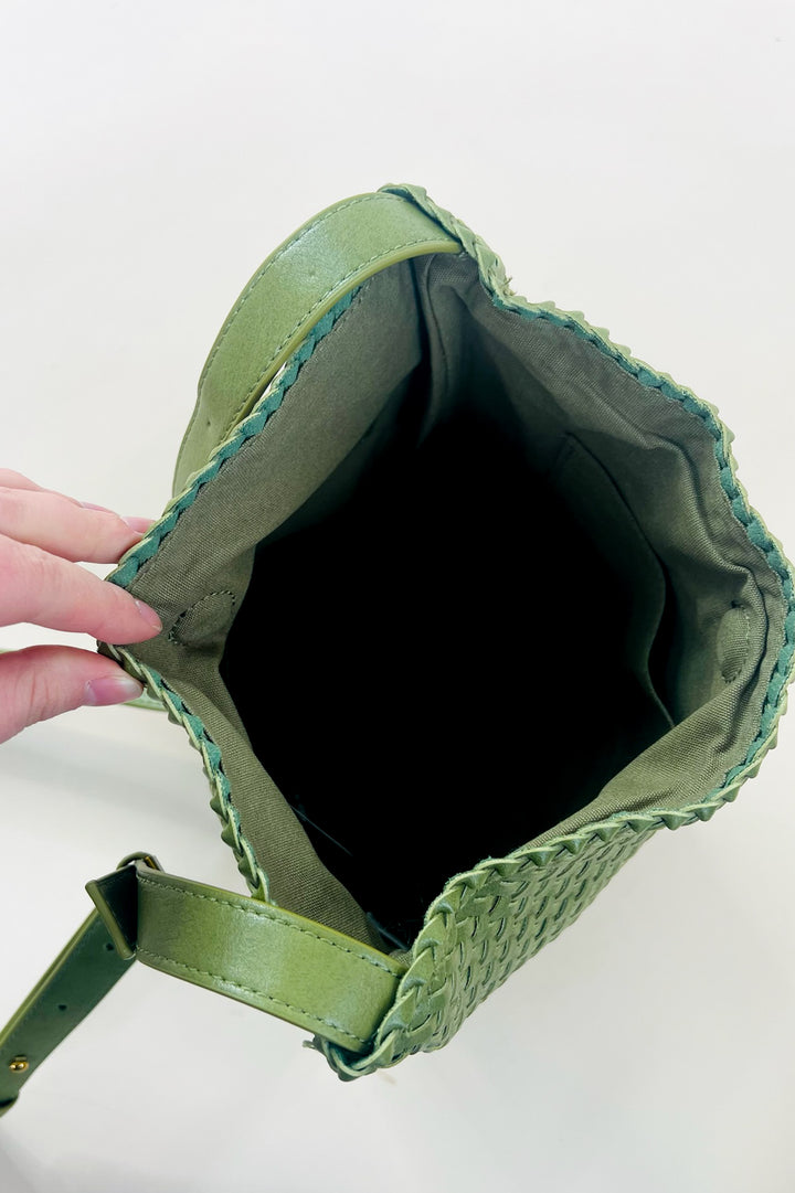 Hand Woven Faux Leather Crossbody Bucket Bag