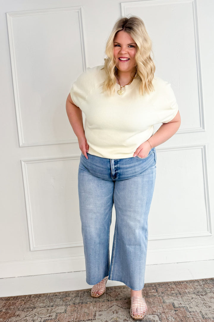 Risen Mid Rise Crop Wide Raw Cut Hem Curvy Jeans
