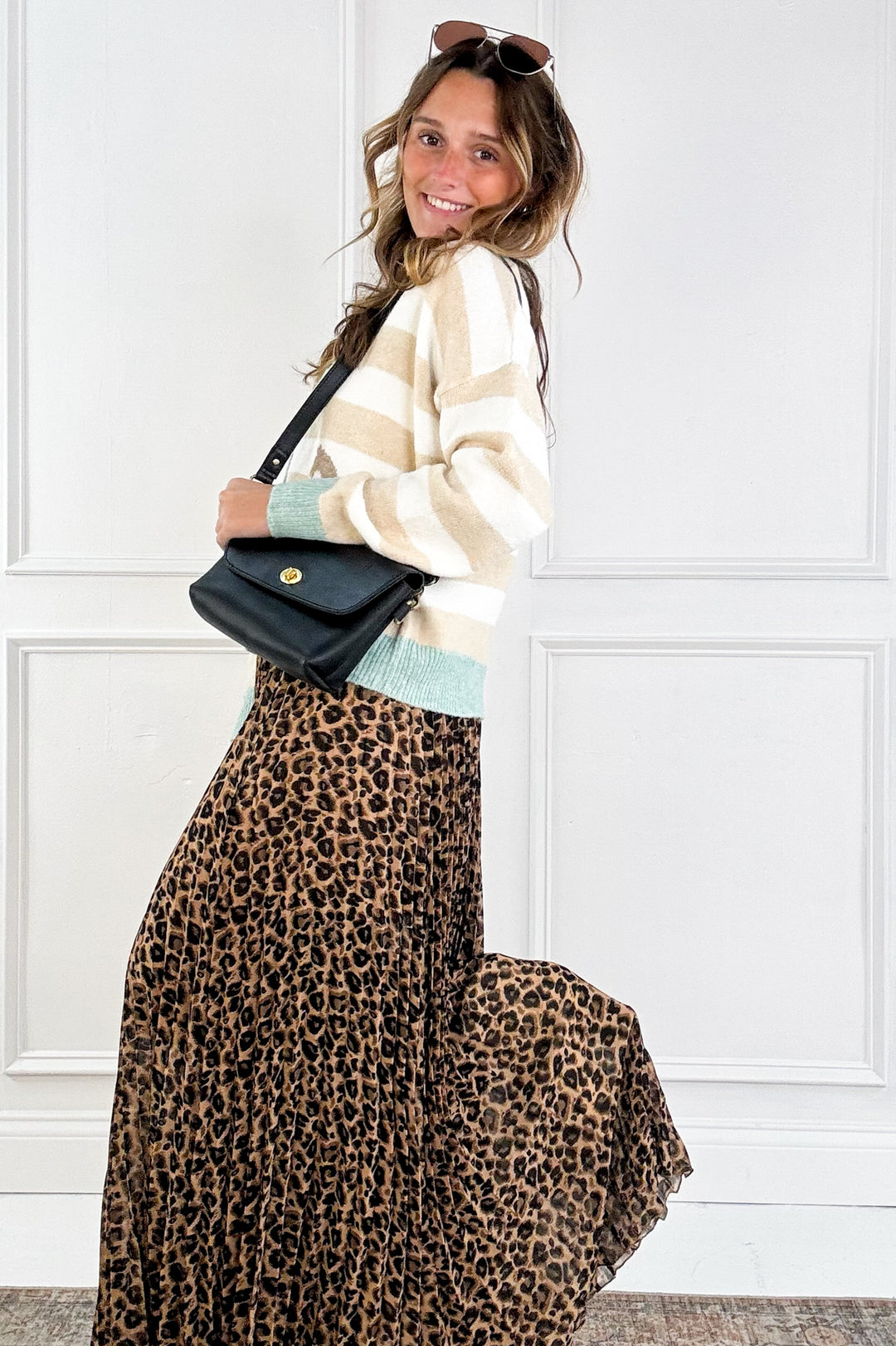Leopard Print Pleated Flowy A Line Midi Skirt
