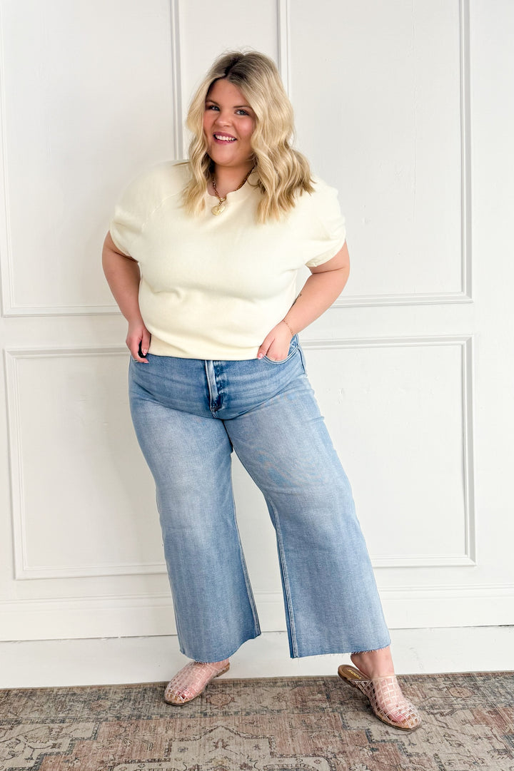 Risen Mid Rise Crop Wide Raw Cut Hem Curvy Jeans
