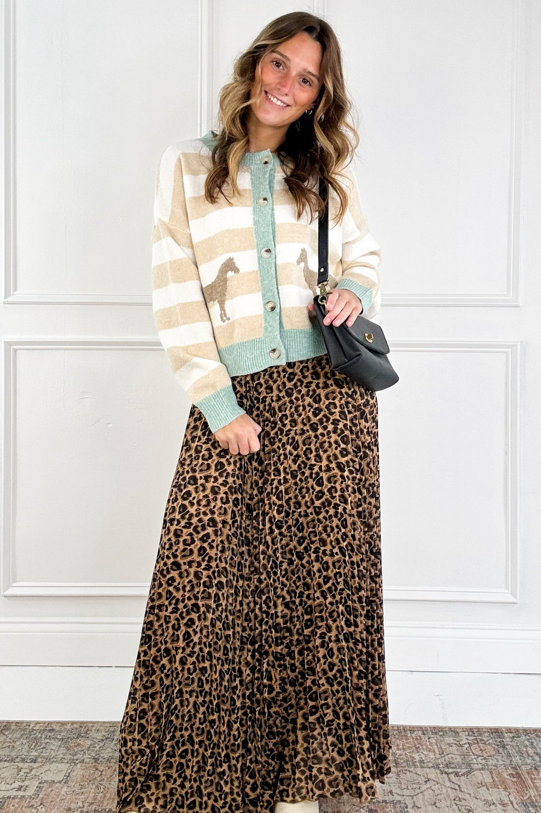 Leopard Print Pleated Flowy A Line Midi Skirt