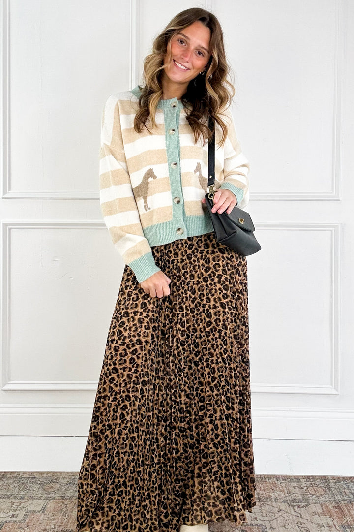 Leopard Print Pleated Flowy A Line Midi Skirt