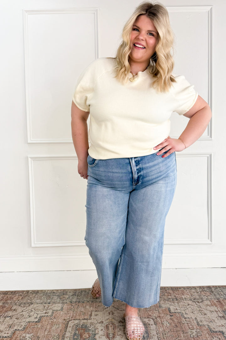 Risen Mid Rise Crop Wide Raw Cut Hem Curvy Jeans