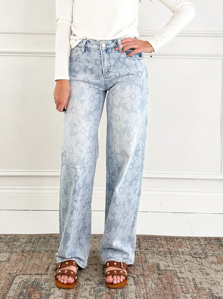 Risen High Rise Wide Baggy Jeans with Floral Print