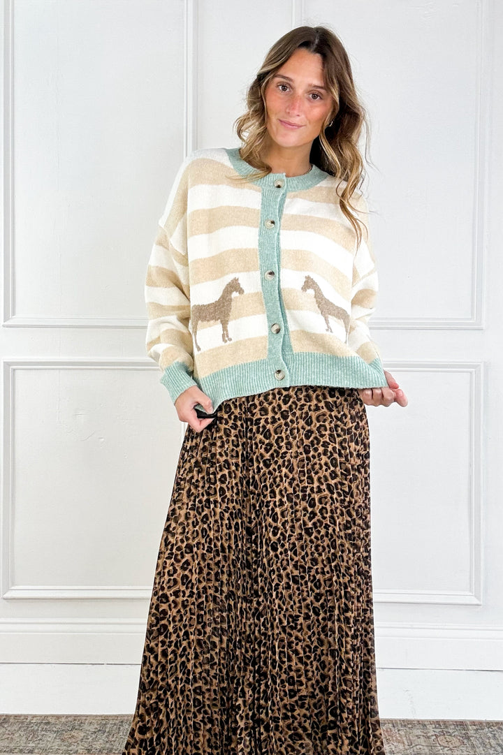 Horse Jacquard Striped Crew Neck Cardigan