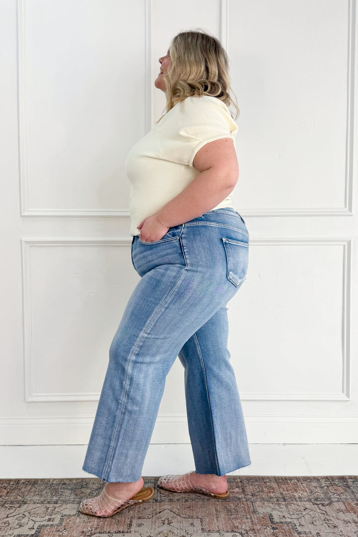 Risen Mid Rise Crop Wide Raw Cut Hem Curvy Jeans