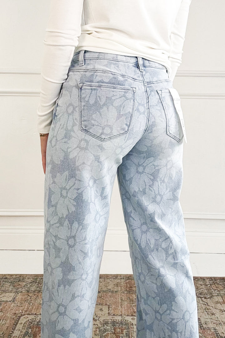 Risen High Rise Wide Baggy Jeans with Floral Print