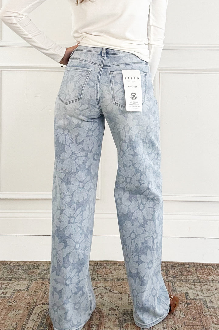 Risen High Rise Wide Baggy Jeans with Floral Print