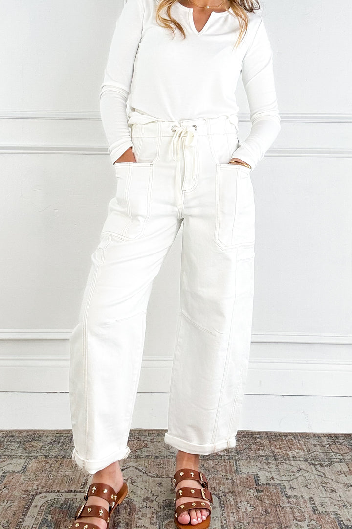 Risen High Rise Crop Wide Barrel Cream Cargo Jeans
