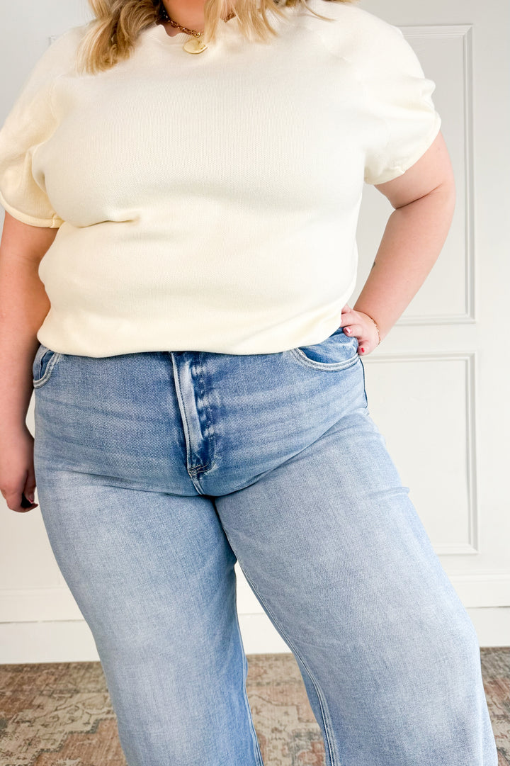 Risen Mid Rise Crop Wide Raw Cut Hem Curvy Jeans