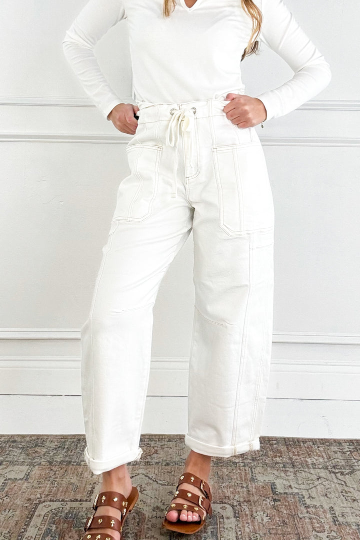 Risen High Rise Crop Wide Barrel Cream Cargo Jeans