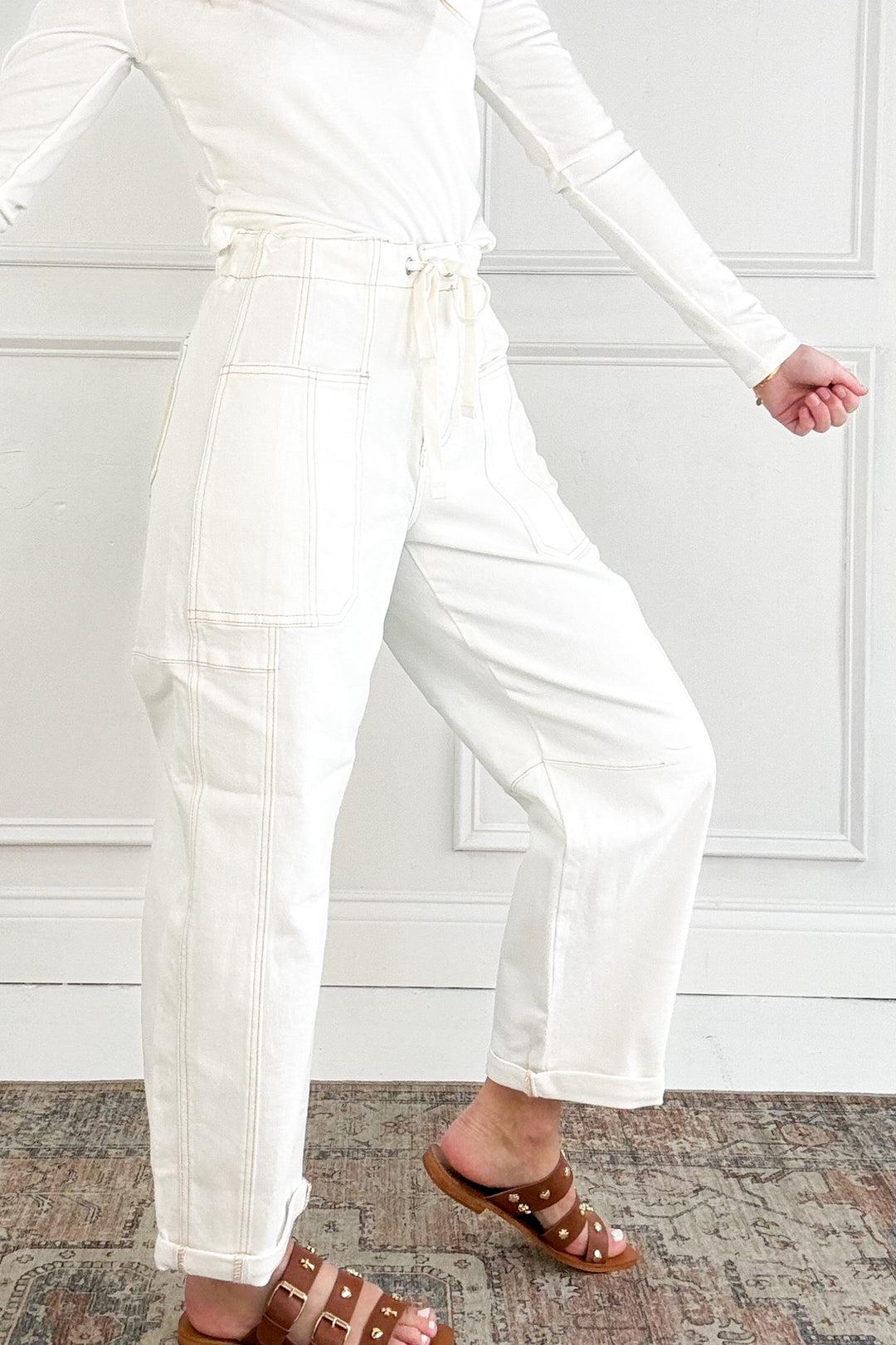 Risen High Rise Crop Wide Barrel Cream Cargo Jeans