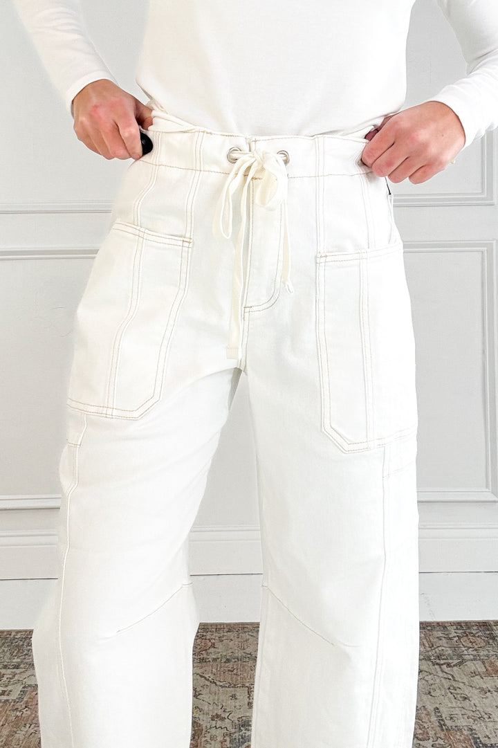 Risen High Rise Crop Wide Barrel Cream Cargo Jeans