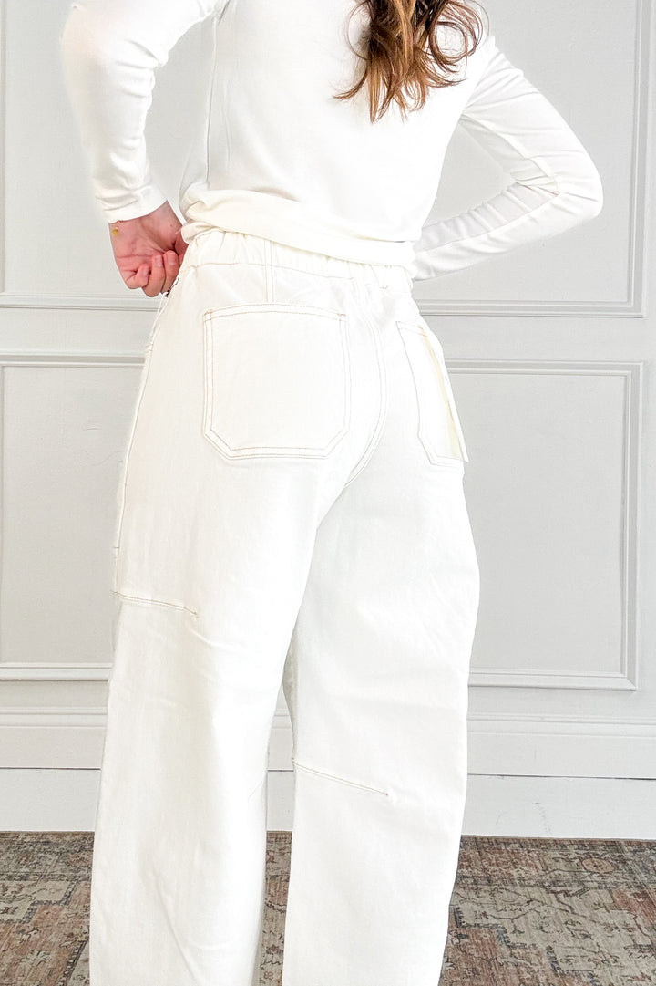 Risen High Rise Crop Wide Barrel Cream Cargo Jeans