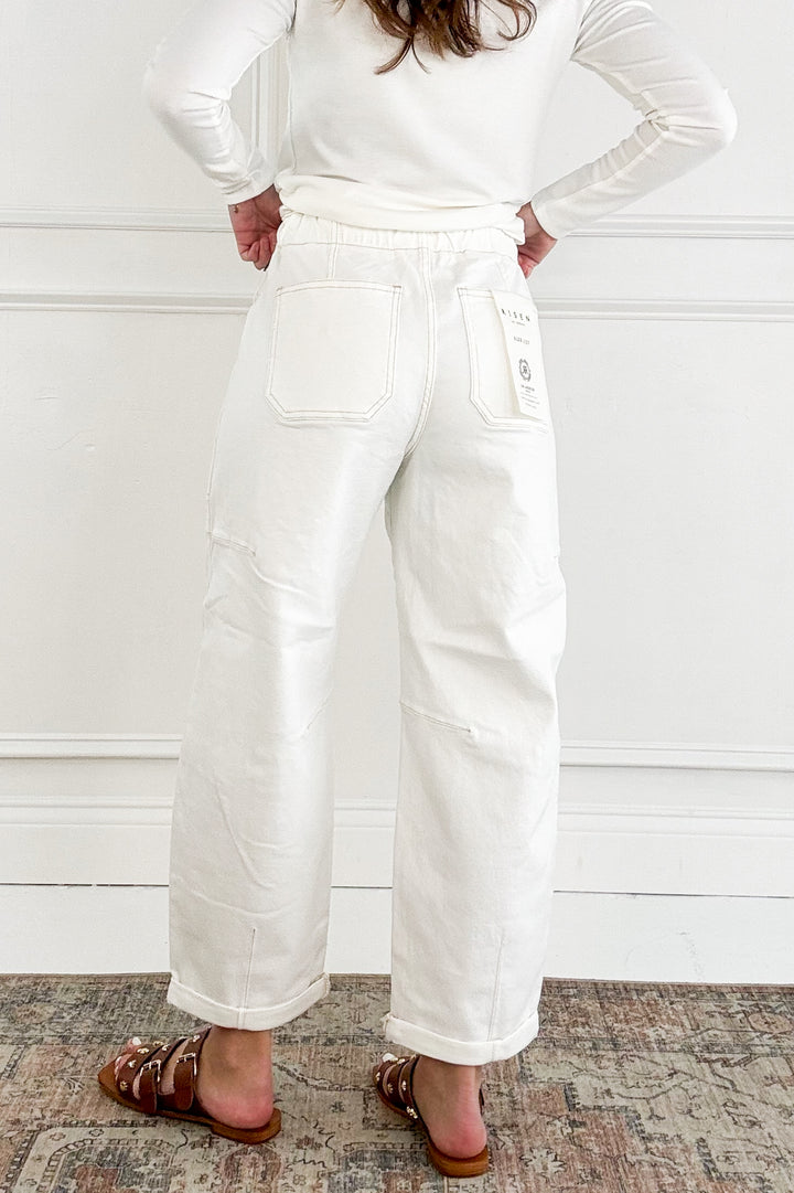 Risen High Rise Crop Wide Barrel Cream Cargo Jeans