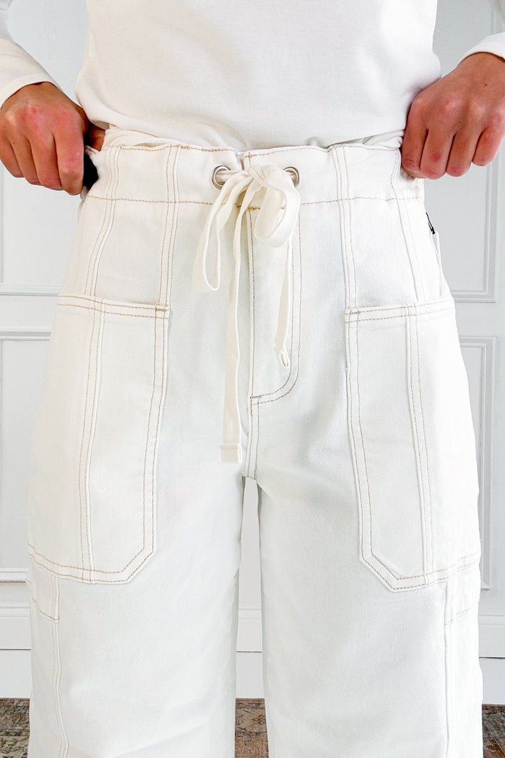 Risen High Rise Crop Wide Barrel Cream Cargo Jeans