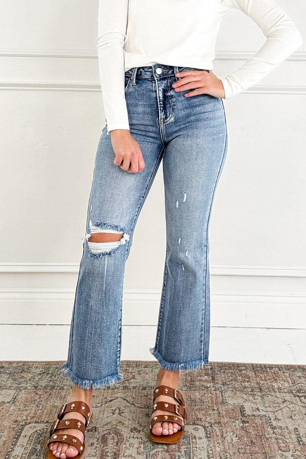 Risen High Rise Crop Bootcut Frayed Jeans