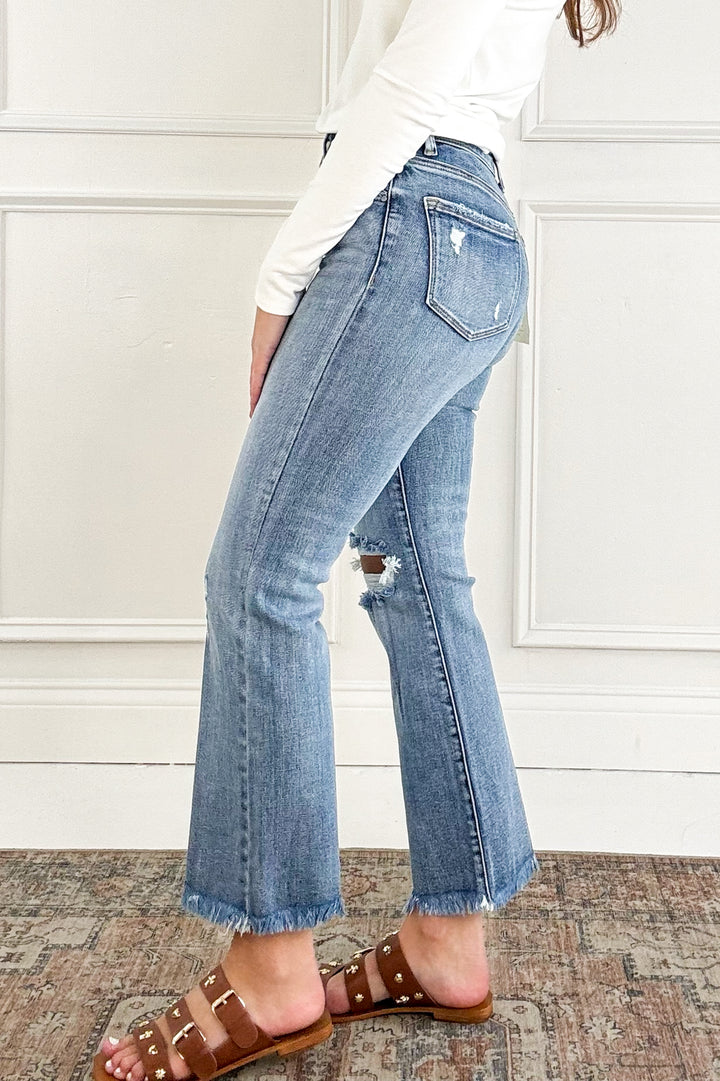Risen High Rise Crop Bootcut Frayed Jeans