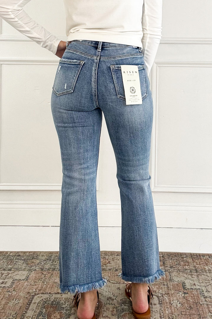 Risen High Rise Crop Bootcut Frayed Jeans