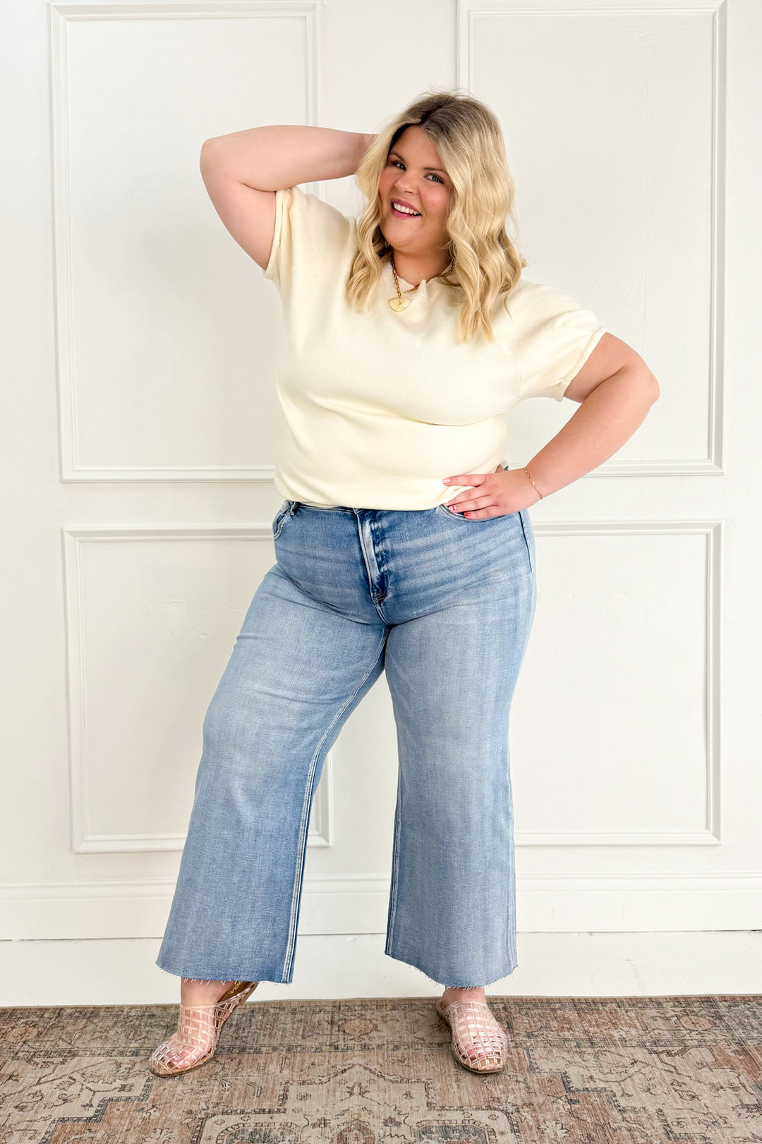 Risen Mid Rise Crop Wide Raw Cut Hem Curvy Jeans