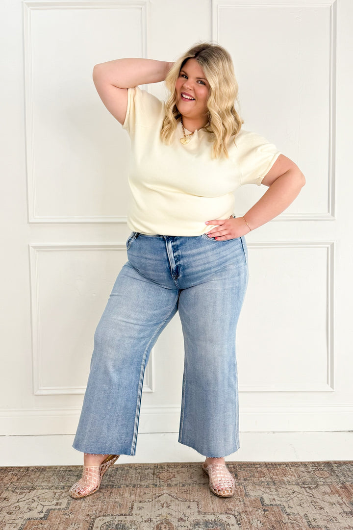 Risen Mid Rise Crop Wide Raw Cut Hem Curvy Jeans