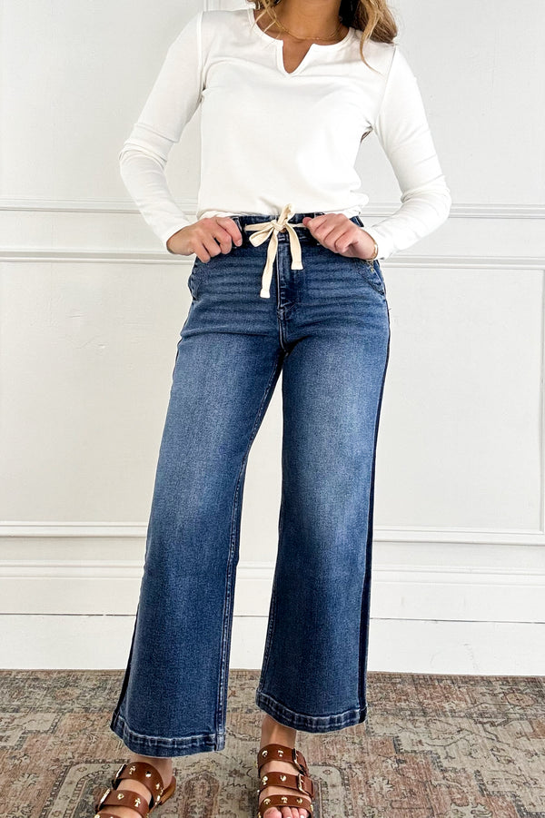 Risen Elastic Band High Rise Cropped Wide Jeans