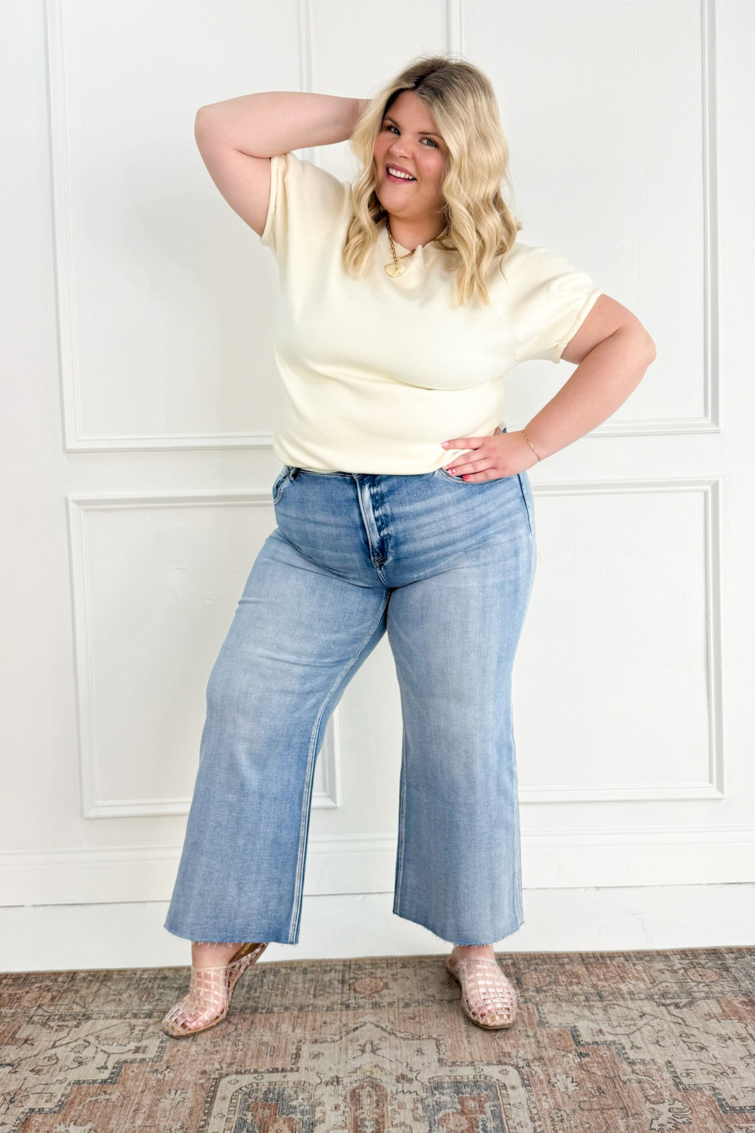 Risen Mid Rise Crop Wide Raw Cut Hem Curvy Jeans
