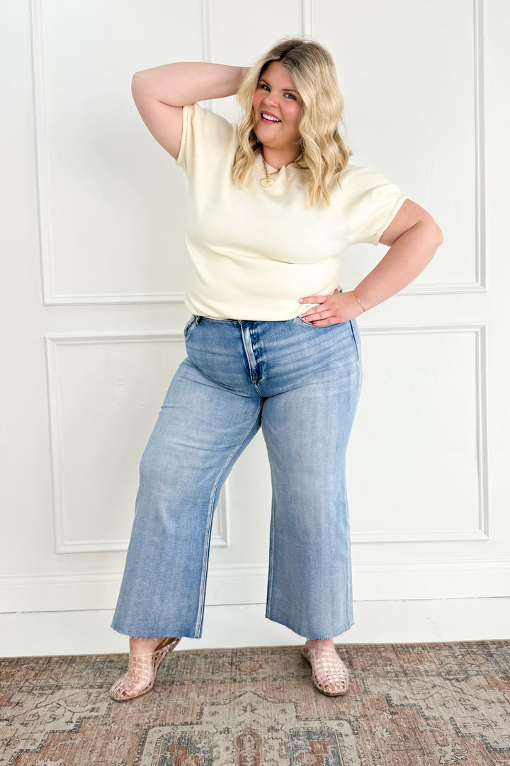 Risen Mid Rise Crop Wide Raw Cut Hem Curvy Jeans