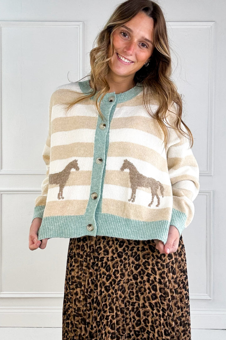 Horse Jacquard Striped Crew Neck Cardigan