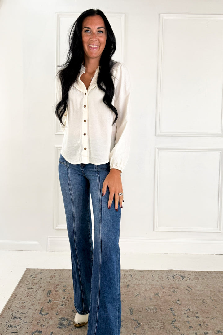 Ruffle Neck Button Down Long Sleeve Top